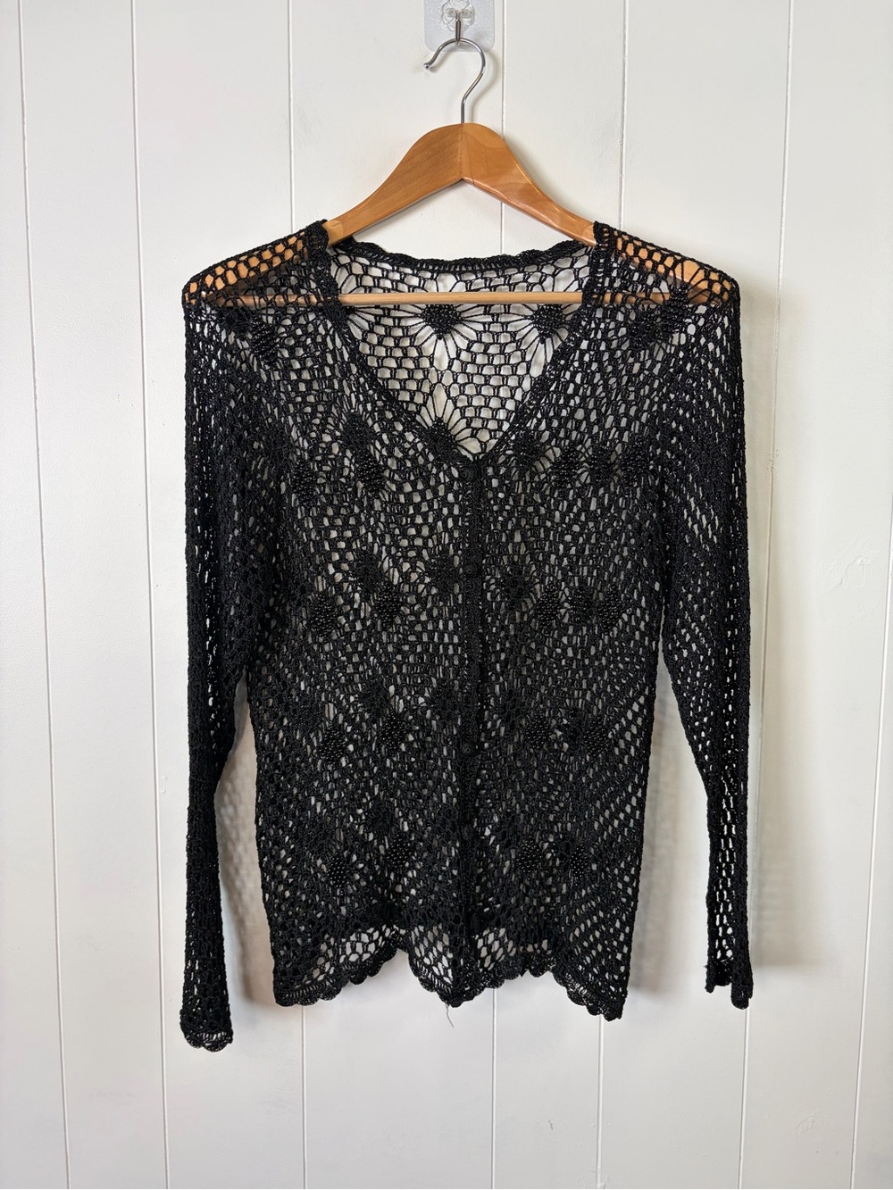 Vintage Y2K Whimsigoth Beaded Crochet Mesh Cardigan Sheer Cover Up Small boho - Picture 3 of 11